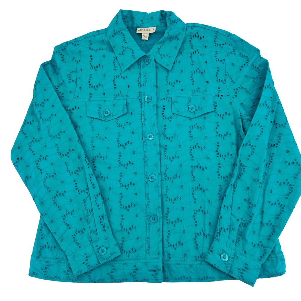 Appleseed's Eyelet Cotton Jacket Womens L Turquoise Button Utility Boho NEW